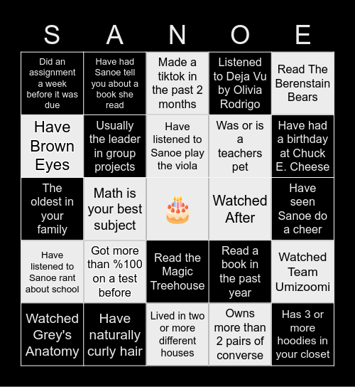 Sanoe Sweet 16 Bingo Card