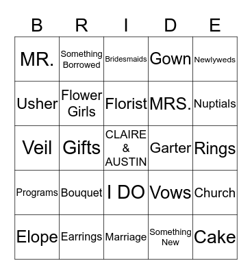CLAIRE'S Bridal Bingo  Bingo Card