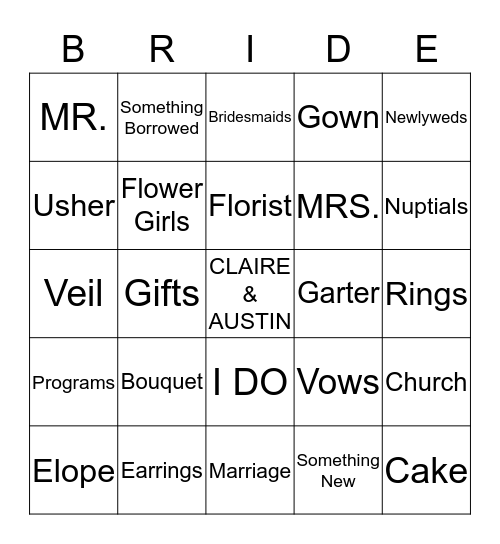 CLAIRE'S Bridal Bingo  Bingo Card