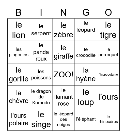 Le Zoo Bingo Card