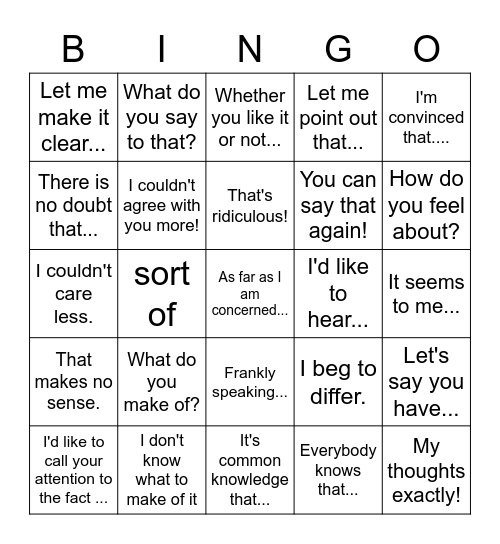 Asking for opinions Bingo Card