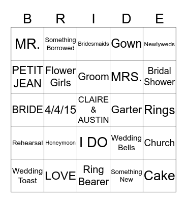 CLAIRE'S Bridal Bingo  Bingo Card