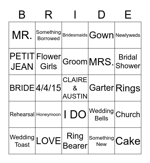 CLAIRE'S Bridal Bingo  Bingo Card