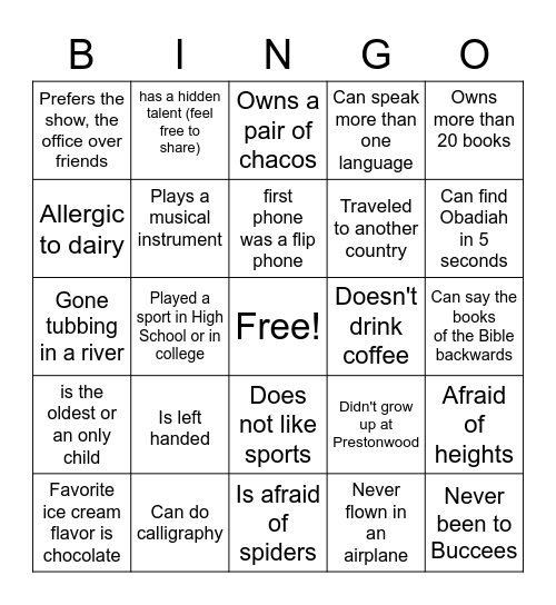 Intern Bingo Card