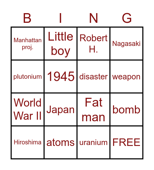 ATOMIC BOMB Bingo Card