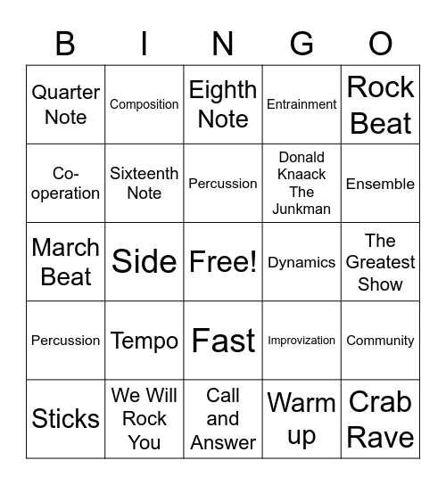 Bucket Drum Bingo Card