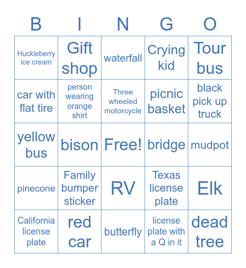 Yellowstone Bingo Card