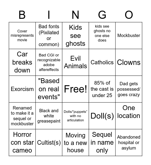 Dollar Store / Tubi Horror Bingo Card