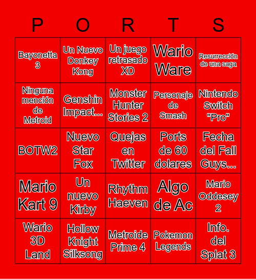 Bingo del E3 de nintendo (en español) Bingo Card