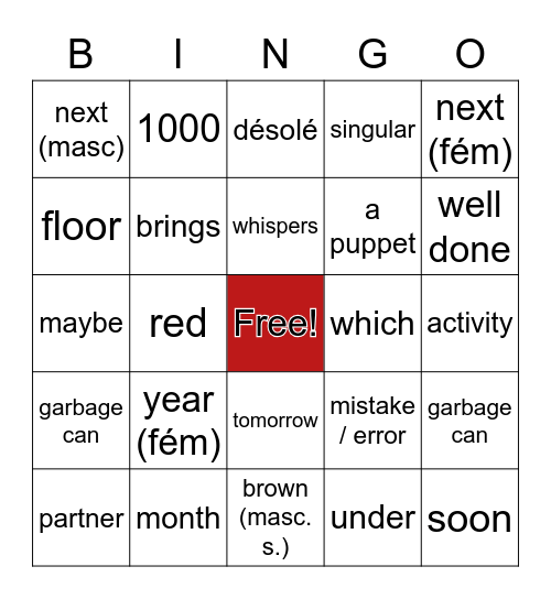 French vocab Bingo Card