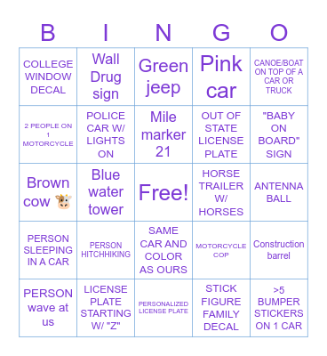 ROAD TRIP BINGO Card