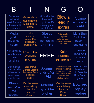 Mets West Coast Road Trip Bingo Card