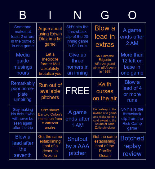 Mets West Coast Road Trip Bingo Card