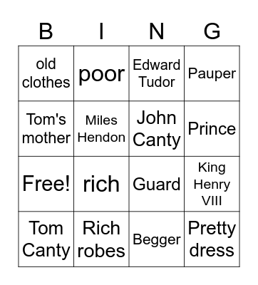 The prince and the pauper Bingo Card