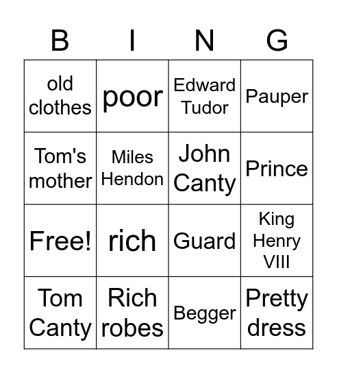 The prince and the pauper Bingo Card