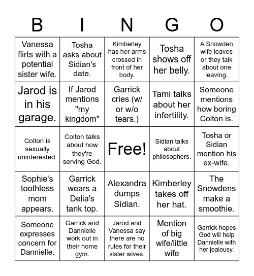 Seeking Sister Wife Bingo Card