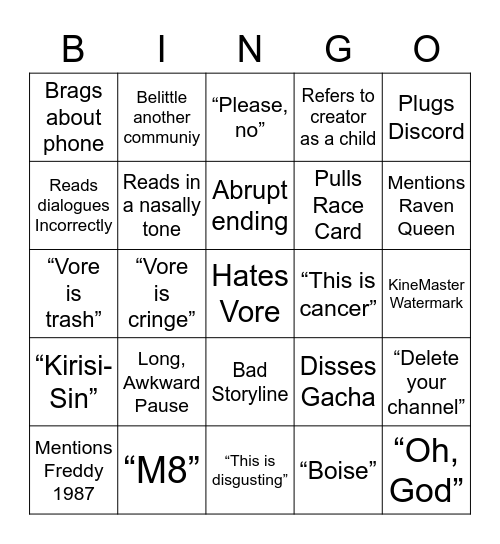 Kurisu-San Vore Cringe Bingo Card