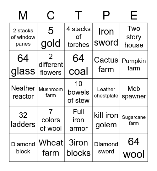 Minecraft pe bingo sheet Bingo Card