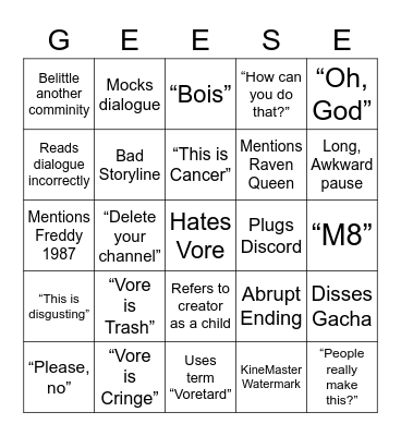 Kurisu-San Vore Cringe V2 Bingo Card