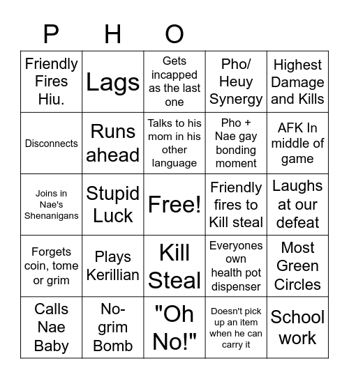 PHo Bingo Card