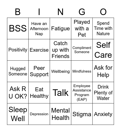 Peer Support Bingo Card