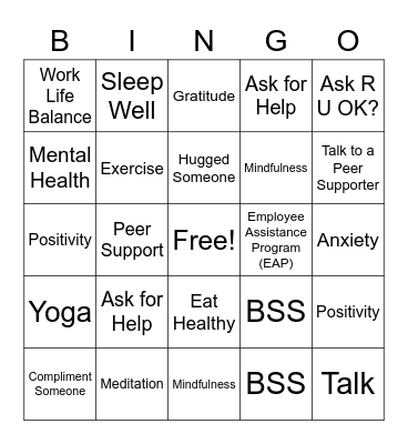 Peer Support Bingo Card