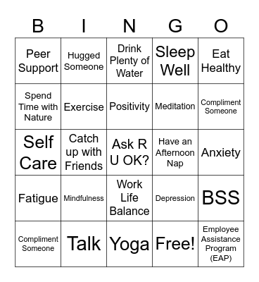 Peer Support Bingo Card