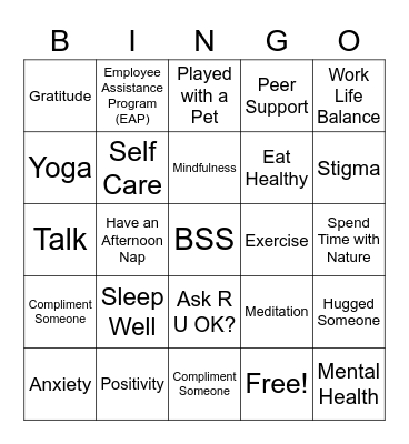 Peer Support Bingo Card