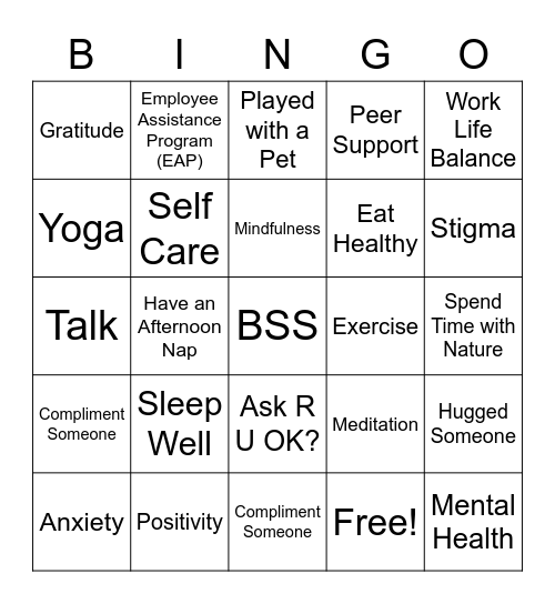 Peer Support Bingo Card