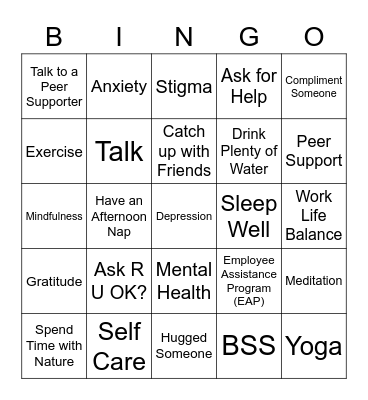 Peer Support Bingo Card