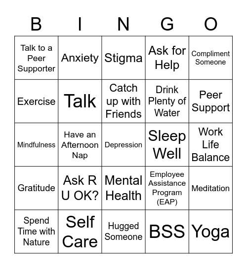 Peer Support Bingo Card