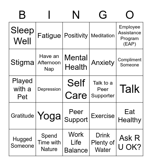 Peer Support Bingo Card