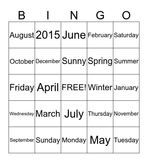 Calendar Bingo Card