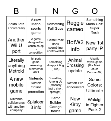 Nintendo E3 Direct 2021 Bingo Card