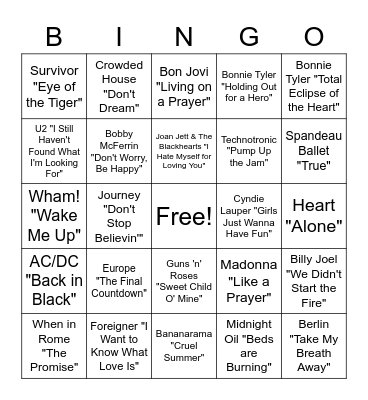 80's Music Bingo Card