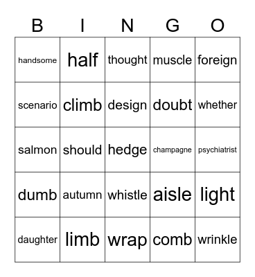 Silent Consonants Bingo Card