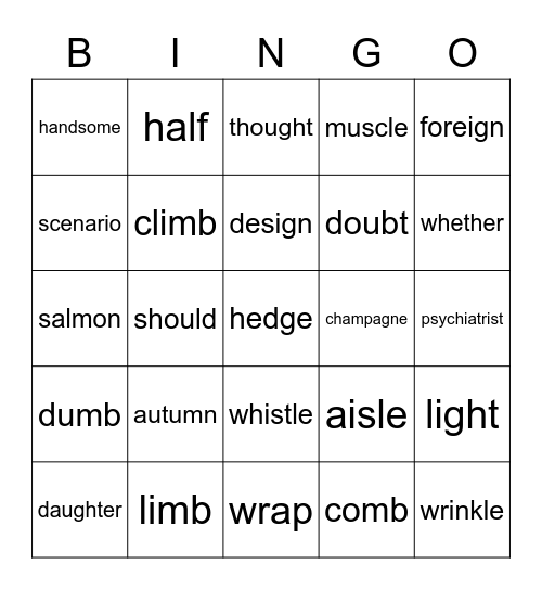 Silent Consonants Bingo Card