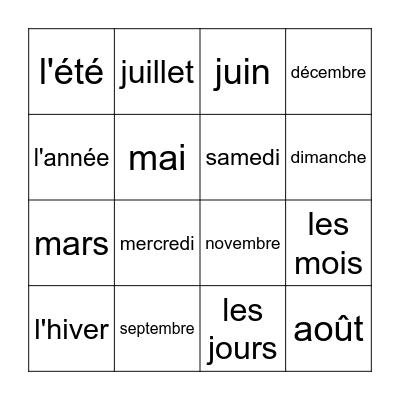 Le calendrier en français Bingo Card