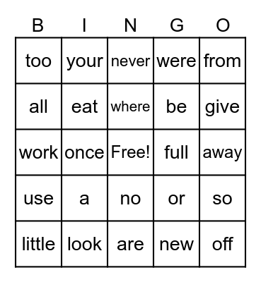 Sight Word Bingo Card