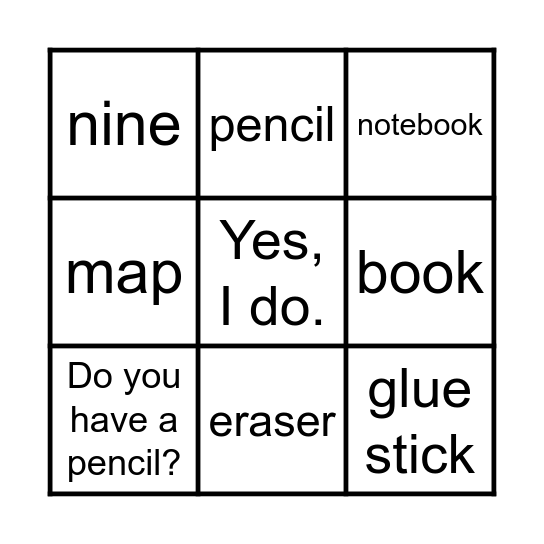 Lesson5. Do you have a pencil? Bingo Card