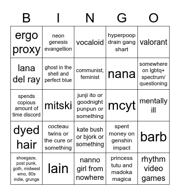Gen z Femcel Bingo Card