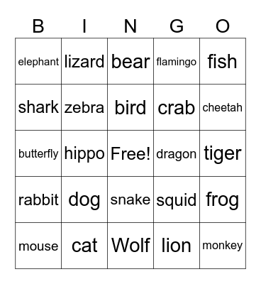 Animals Bingo Card