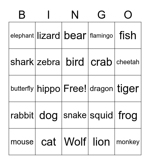 Animals Bingo Card