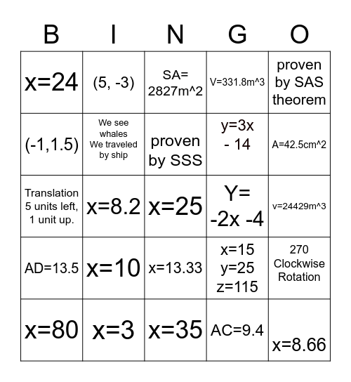 geometry Bingo Card
