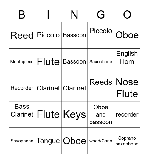 Woodwind Instruments Bingo Card