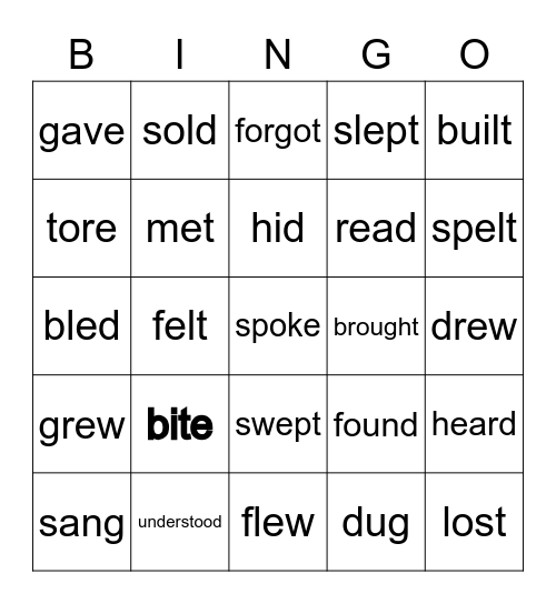 Irregular Verbs Bingo Card