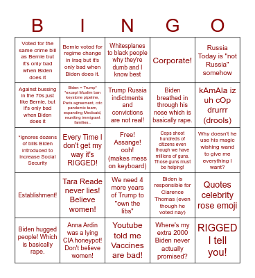 Joe Biden Derangement Bingo Card
