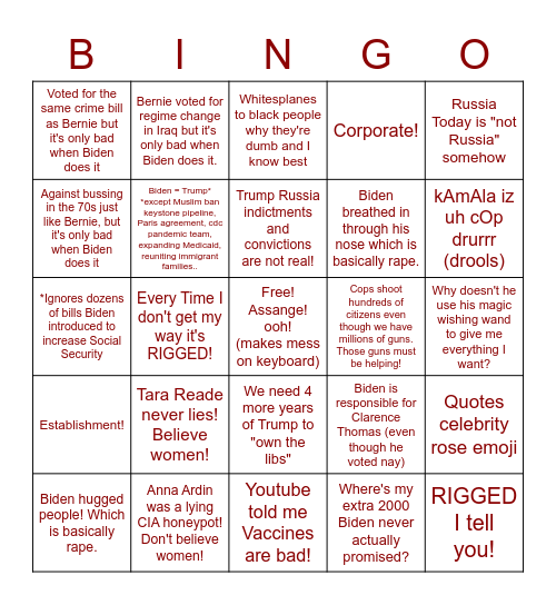 Joe Biden Derangement Bingo Card