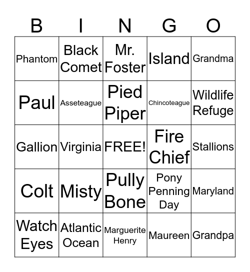 Misty Of Chincoteague Bingo Card