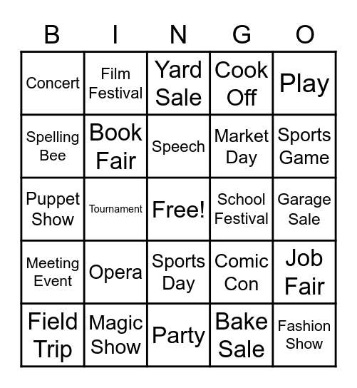Event Names Bingo Card